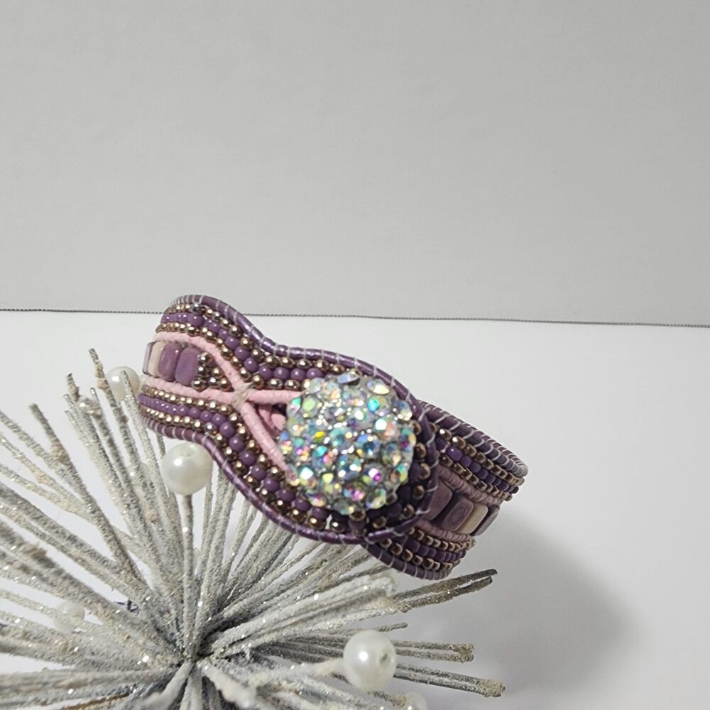 Handmade Lavender Lilac Stone  Embroidered Rhinestone Button Statement Bracelet